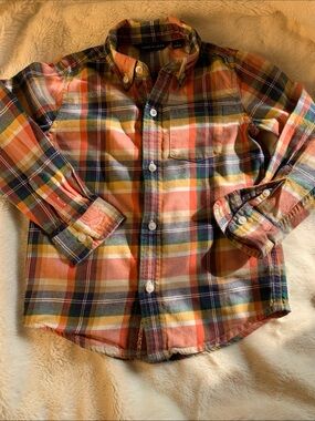 Janie and Jack Orange, Navy & Green Plaid Button-Down Shirt long sleeves